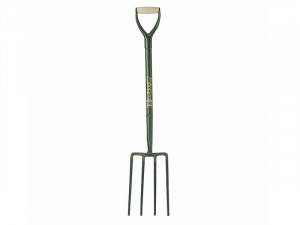 A green garden fork with four metal tines, a long handle, and a D-shaped wooden grip at the top.