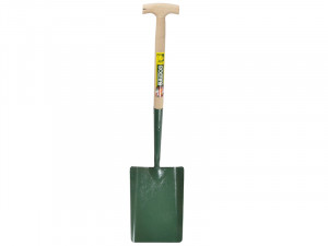 A garden spade with a wooden T-shaped handle and a green, flat metal blade, standing upright against a white background.