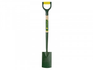 A garden spade with a green metal blade, a wooden shaft, and a green D-shaped handle with a yellow grip. The handle and shaft have a product label attached.