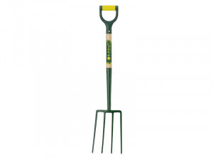 A green and yellow garden fork.,