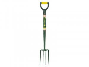 A garden fork with a green handle, yellow grip, and four metal tines. The handle features a label with the brand name Bulldog.