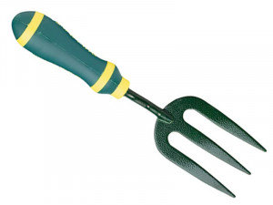 A green hand garden fork with a textured black three-pronged metal head and a green handle featuring yellow accents.,