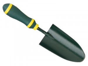 A green hand trowel with a rounded metal blade and a green handle featuring yellow stripes, shown on a white background.