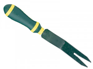 A metal garden weeder tool with a green handle featuring yellow stripes and a two-pronged fork at the end, used for removing weeds from soil.