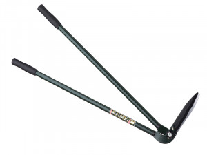 A green long-handled tool with two black grips and a sharp, narrow spade blade, designed for digging or edging; labeled with the brand “Bulldog” on the handles.