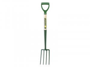 A green garden fork with four metal tines and a D-shaped handle, designed for digging and turning soil.