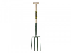 A garden fork with a wooden handle and four metal tines, designed for digging and turning soil.