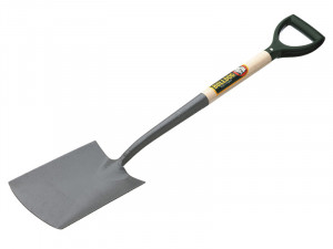 A garden spade with a flat, square metal blade, a wooden handle, and a black plastic D-shaped grip at the top.