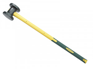 A black sledgehammer with a round double-sided metal head and a long yellow and green handle is shown on a white background.,