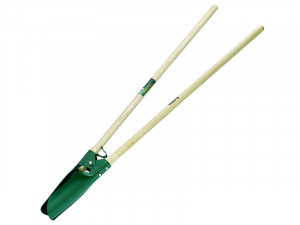 A manual post hole digger with two long wooden handles and green metal scoops, used for digging narrow, deep holes in soil.