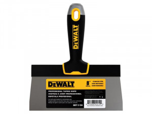 A DEWALT 8-inch stainless steel professional taping knife with a black and yellow ergonomic handle, shown facing forward with product label visible.