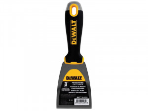 A DEWALT professional putty knife with a black and yellow handle and a 3-inch metal blade. The handle has a hanging hole at the top, and the blade label displays product details in English and Spanish.