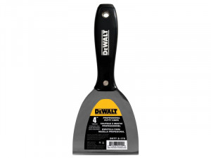 A DeWalt professional 4-inch putty knife with a black handle and a stainless steel blade, featuring a DeWalt label and product information on the blade.