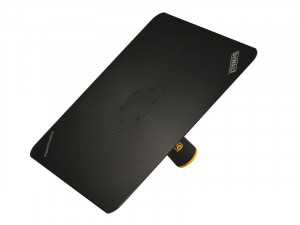 A black rectangular balance board with a textured surface and a cylindrical roller underneath, designed for balance and stability exercises.
