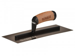 A rectangular metal trowel with a smooth, brown ergonomic handle and the DEWALT logo on both the handle and blade, commonly used for spreading and smoothing plaster or concrete.