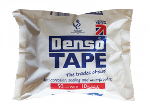 A white package of Denso Tape with bold blue text, labeled The trades choice for anti-corrosion, sealing, and waterproofing. The packaging shows 50mm wide, 10m roll and features a Made in Britain mark with a UK flag.