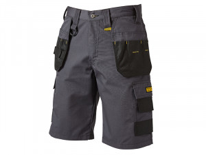 A pair of gray work shorts with multiple black utility pockets and tool loops, suitable for construction or DIY tasks. The shorts have a button closure and visible stitching details.