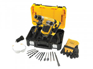 A yellow and black power drill set with various drill bits, safety glasses, work gloves, and a black and yellow carrying case. The items are neatly arranged, displaying all accessories.
