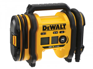A yellow and black DEWALT portable air inflator with a handle, digital display, control buttons, and attached hose, designed for use with 18V XR Li-Ion batteries.