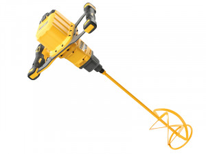 A yellow electric handheld paint and cement mixer with dual handles and a long mixing paddle attachment, designed for mixing paint, plaster, cement, or mortar.