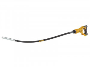 A yellow and black cordless power tool with a long, flexible black shaft and a silver cylindrical attachment at the end, used for concrete vibration.
