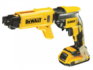 A yellow and black DeWalt 18V XR Li-Ion cordless drywall screw gun with an attached screw magazine, designed for efficient fastening of drywall panels.