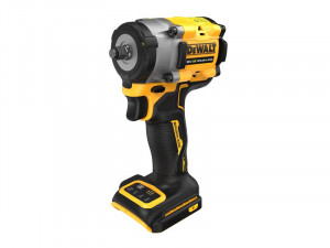 A yellow and black DEWALT 20V cordless impact wrench with a grip handle and digital controls, standing upright on its battery base against a white background.