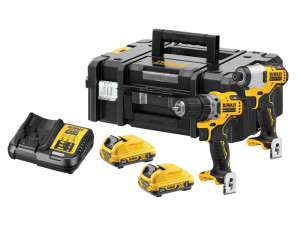 A DeWalt tool set with a black and yellow toolbox, a cordless drill, an impact driver, two rechargeable batteries, and a battery charger. The tools and accessories are arranged neatly on a white background.