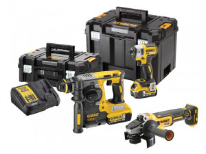 A set of DeWalt power tools including a drill, impact driver, angle grinder, battery charger, two battery packs, and two black and yellow carrying cases.