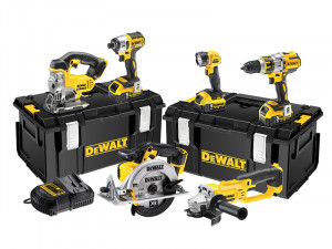 A set of DeWalt power tools, including a jigsaw, impact driver, drill, circular saw, angle grinder, charger, and two black toolboxes, all displayed on a white background.