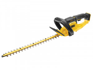 A yellow and black DEWALT cordless hedge trimmer with a double-action reciprocating blade and a rotating rear handle.,