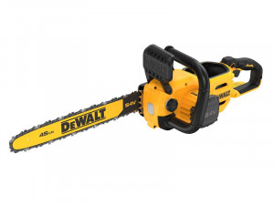 A yellow and black DEWALT cordless chainsaw with a guide bar and automatic chain lubrication, for felling and pruning timber.