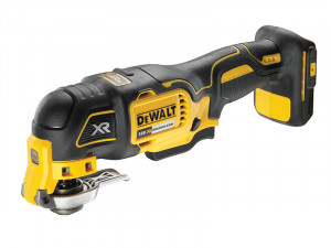 A yellow and black DEWALT cordless multi-tool with 18V oscillating action and a universal blade mount, for sanding, cutting, and scraping.