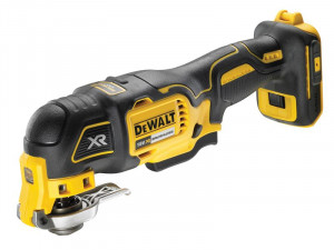 A yellow and black DEWALT cordless multi-tool with 18V oscillating action and a universal blade mount, for sanding, cutting, and scraping.