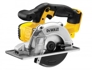 A yellow and black DEWALT cordless circular saw with a 18V motor, an adjustable bevel plate, and a blade guard, for ripping and cross-cutting timber.