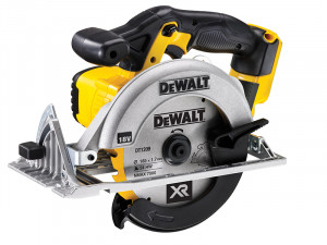 A yellow and black DEWALT cordless circular saw with a 18V motor, an adjustable bevel plate, and a blade guard, for ripping and cross-cutting timber.