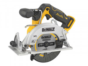 A yellow and black DEWALT cordless circular saw with a 12V motor, an adjustable bevel plate, and a blade guard, for ripping and cross-cutting timber.