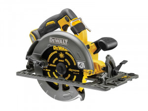 A yellow and black DEWALT cordless circular saw with a 54V motor, an adjustable bevel plate, and a blade guard, for ripping and cross-cutting timber.