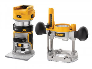 A yellow and black DEWALT plunge router with a fine depth adjuster and a guide fence, for cutting grooves, rebates, and profiles in timber.