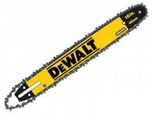 A yellow and black DEWALT cordless chainsaw with a guide bar and automatic chain lubrication, for felling and pruning timber.