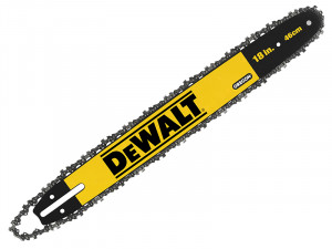 A yellow and black DEWALT cordless chainsaw with a guide bar and automatic chain lubrication, for felling and pruning timber.