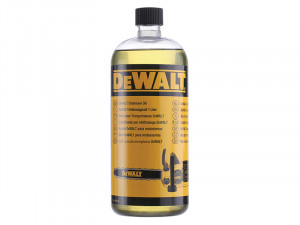 A yellow and black DEWALT cordless chainsaw with a guide bar and automatic chain lubrication, for felling and pruning timber.