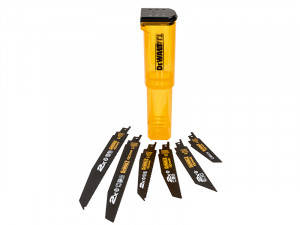 A yellow and black DEWALT cordless reciprocating saw with variable speed and a quick-release blade clamp, for demolition and rough cutting.