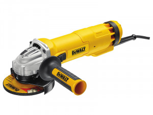 A yellow and black DEWALT corded angle grinder with a 110V motor, a side handle, and a wheel guard, for grinding, cutting, and surface preparation.