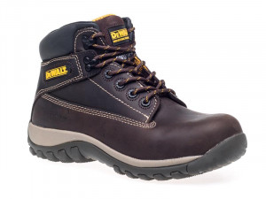 A brown composite safety boot with an anti-slip sole and padded collar, designed for comfort and protection during extended site work.