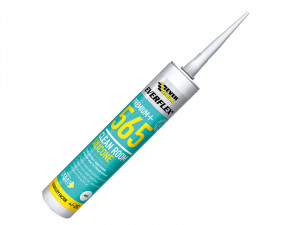 A  cartridge of Everbuild white silicone sealant with a flexible cured finish, for sealing joints around kitchens, bathrooms, and windows.