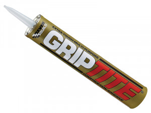 A 350ml cartridge of Everbuild white grab adhesive with a high-initial-bond formula, for instantly fixing panels, skirtings, and architraves.