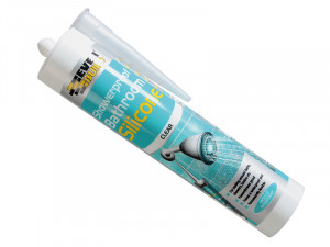 A 280ml cartridge of Everbuild white silicone sealant with a flexible cured finish, for sealing joints around kitchens, bathrooms, and windows.