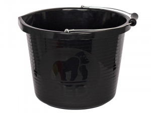 A heavy-duty plastic site bucket with a sturdy carry handle and measurement markings on the interior, for mixing and transporting materials.