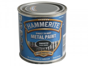 A 250ml tin of Hammerite smooth-finish metal paint in green, for protecting and decorating metal surfaces.